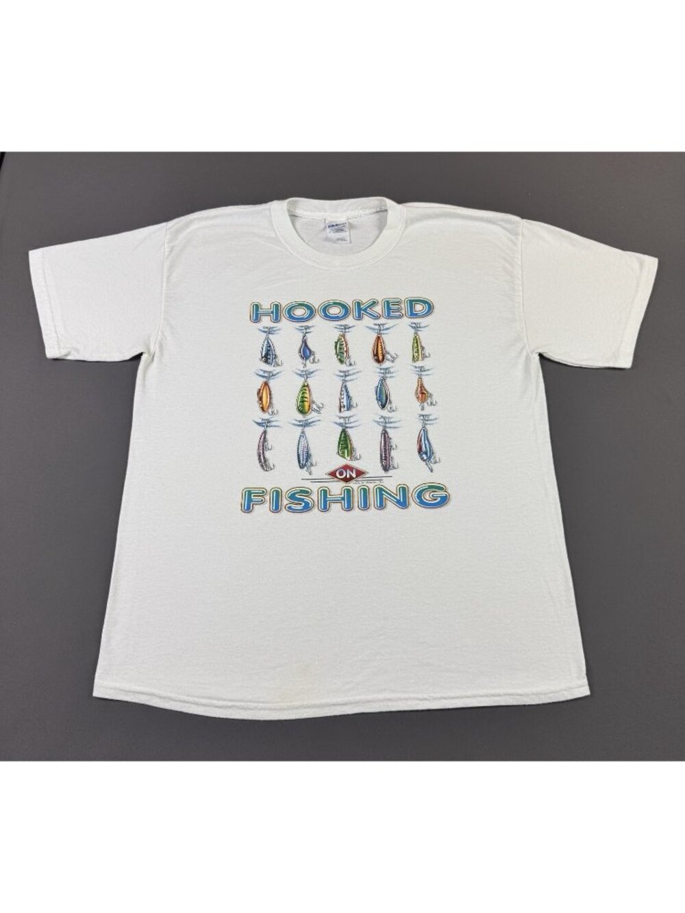 Rare Vintage Y2K 90s Hooked On Fishing Art White Shirt Large Art Tee